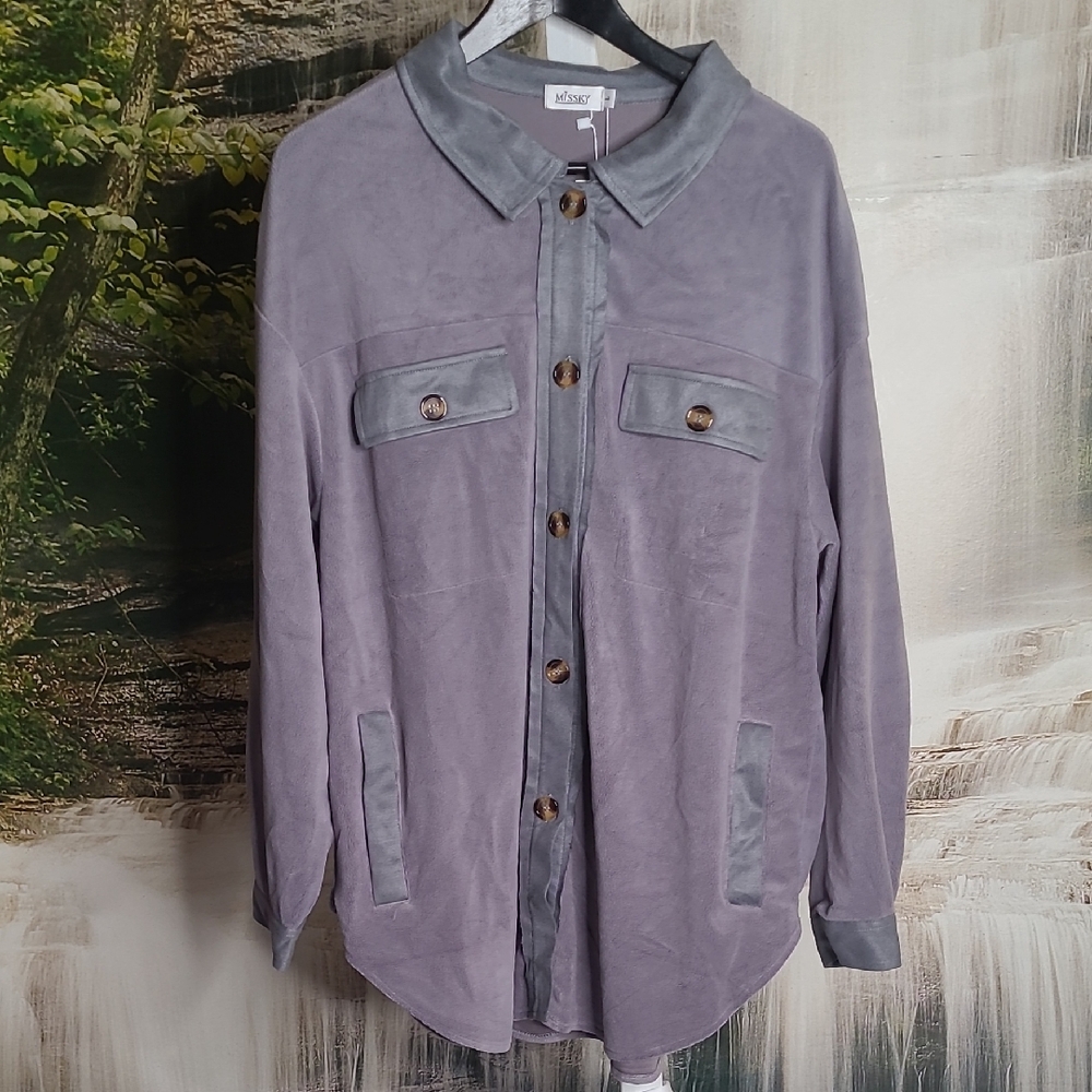 New! Missky Womens Large gray flannel button up oversized shacket shirt coat